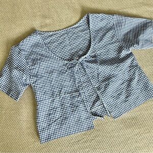 Vintage Tie Front Crop Top Royal Blue Gingham Womens Summer Plaid